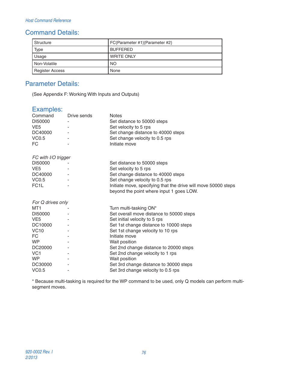 Command details, Parameter details, Examples | Applied Motion RS-232 User Manual | Page 76 / 320