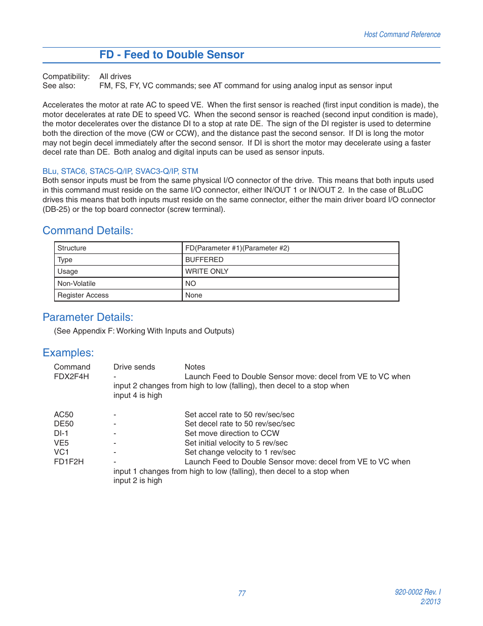 Fd - feed to double sensor, Command details, Parameter details | Examples | Applied Motion RS-232 User Manual | Page 77 / 320