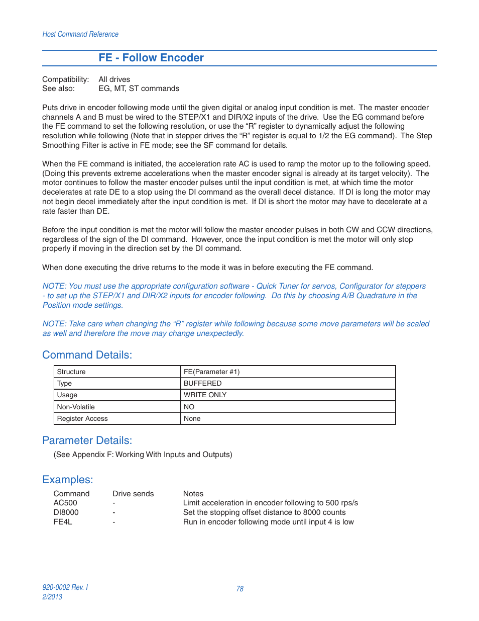 Fe - follow encoder, Command details, Parameter details | Examples | Applied Motion RS-232 User Manual | Page 78 / 320