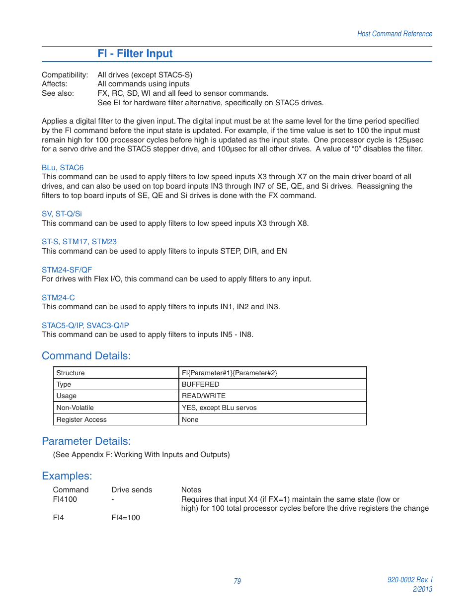 Fi - filter input, Command details, Parameter details | Examples | Applied Motion RS-232 User Manual | Page 79 / 320