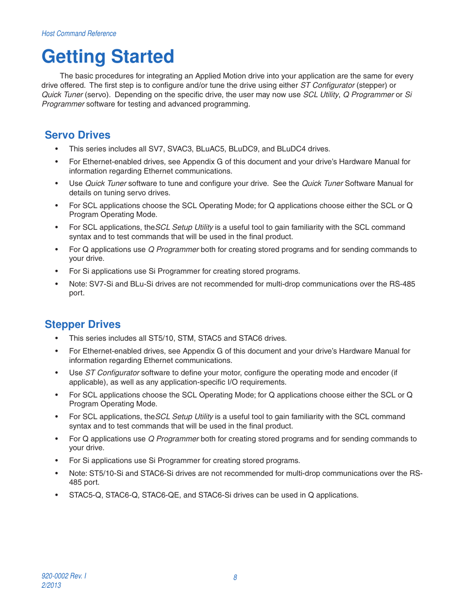 Getting started, Servo drives, Stepper drives | Servo drives stepper drives | Applied Motion RS-232 User Manual | Page 8 / 320