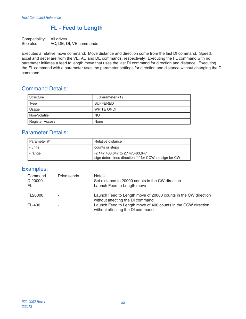 Fl - feed to length, Command details, Parameter details | Examples | Applied Motion RS-232 User Manual | Page 82 / 320