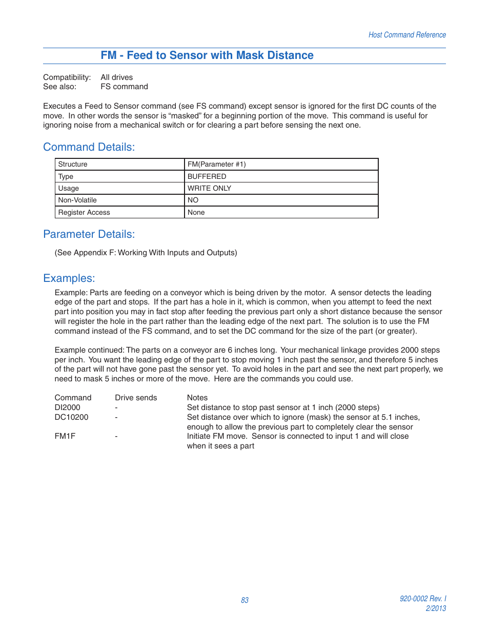 Fm - feed to sensor with mask distance, Command details, Parameter details | Examples | Applied Motion RS-232 User Manual | Page 83 / 320