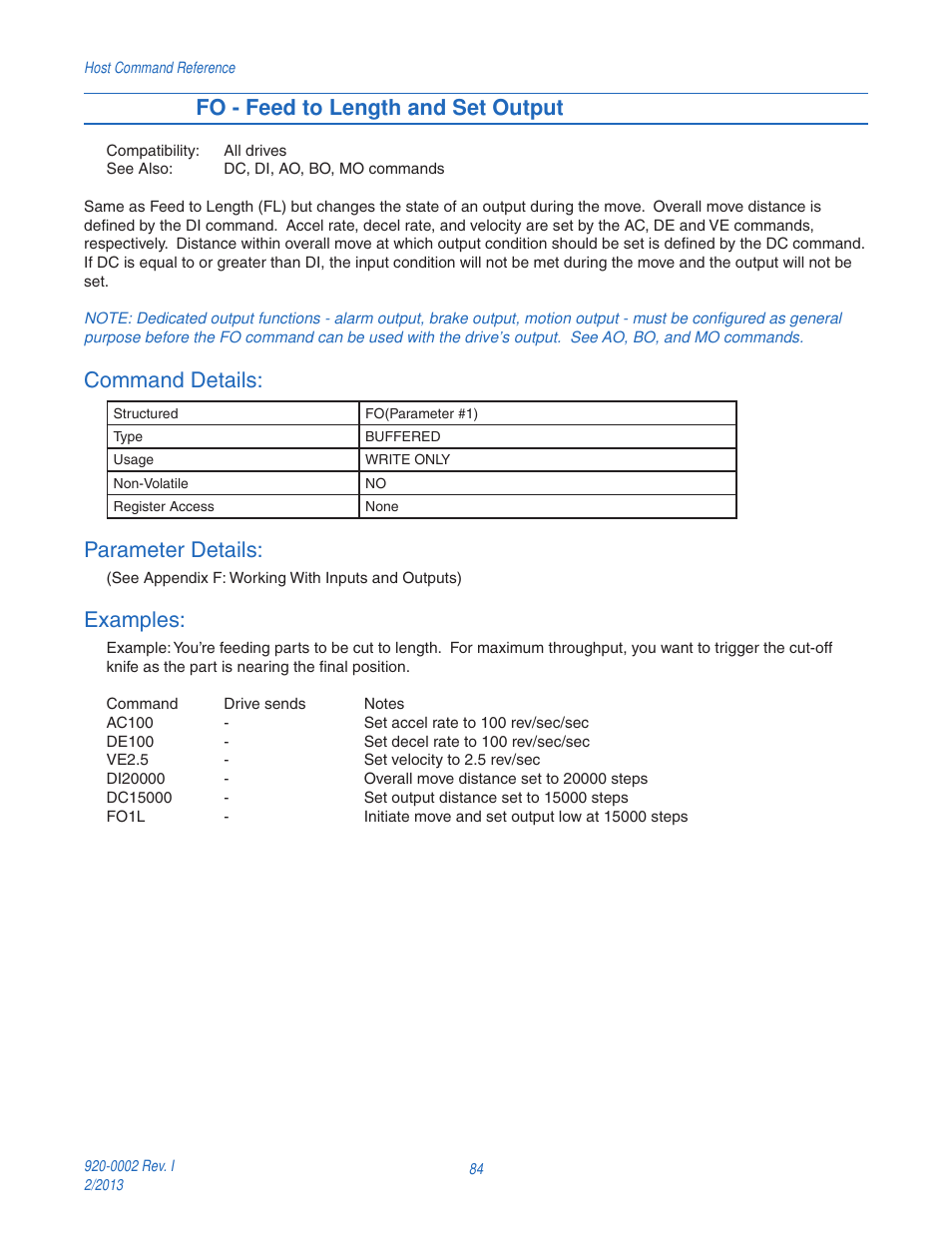 Fo - feed to length and set output, Command details, Parameter details | Examples | Applied Motion RS-232 User Manual | Page 84 / 320