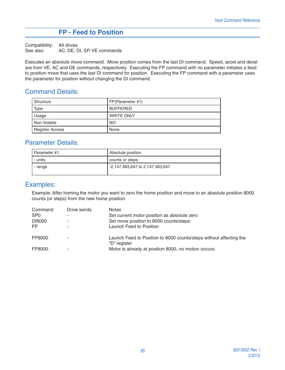 Fp - feed to position, Command details, Parameter details | Examples | Applied Motion RS-232 User Manual | Page 85 / 320