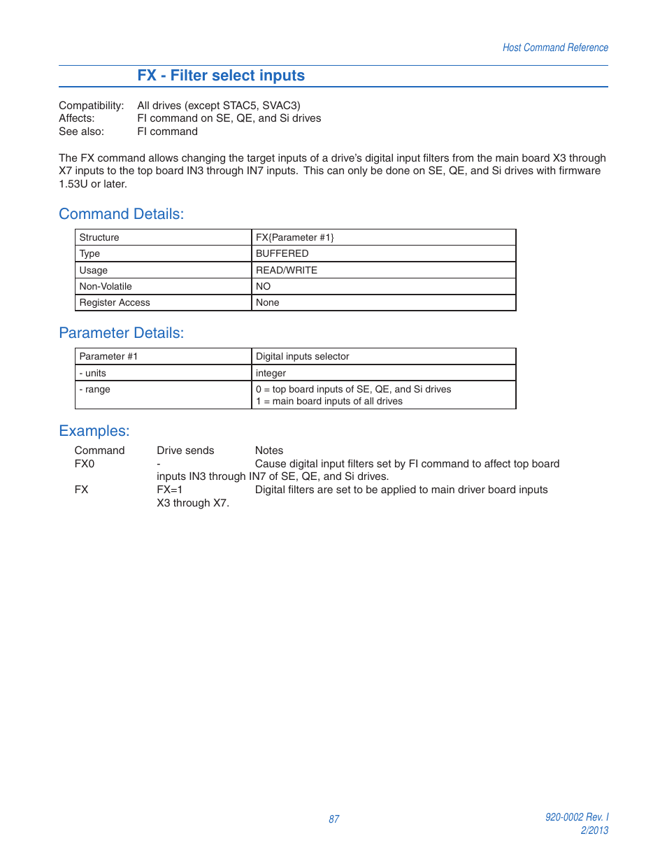 Fx - filter select inputs, Command details, Parameter details | Examples | Applied Motion RS-232 User Manual | Page 87 / 320