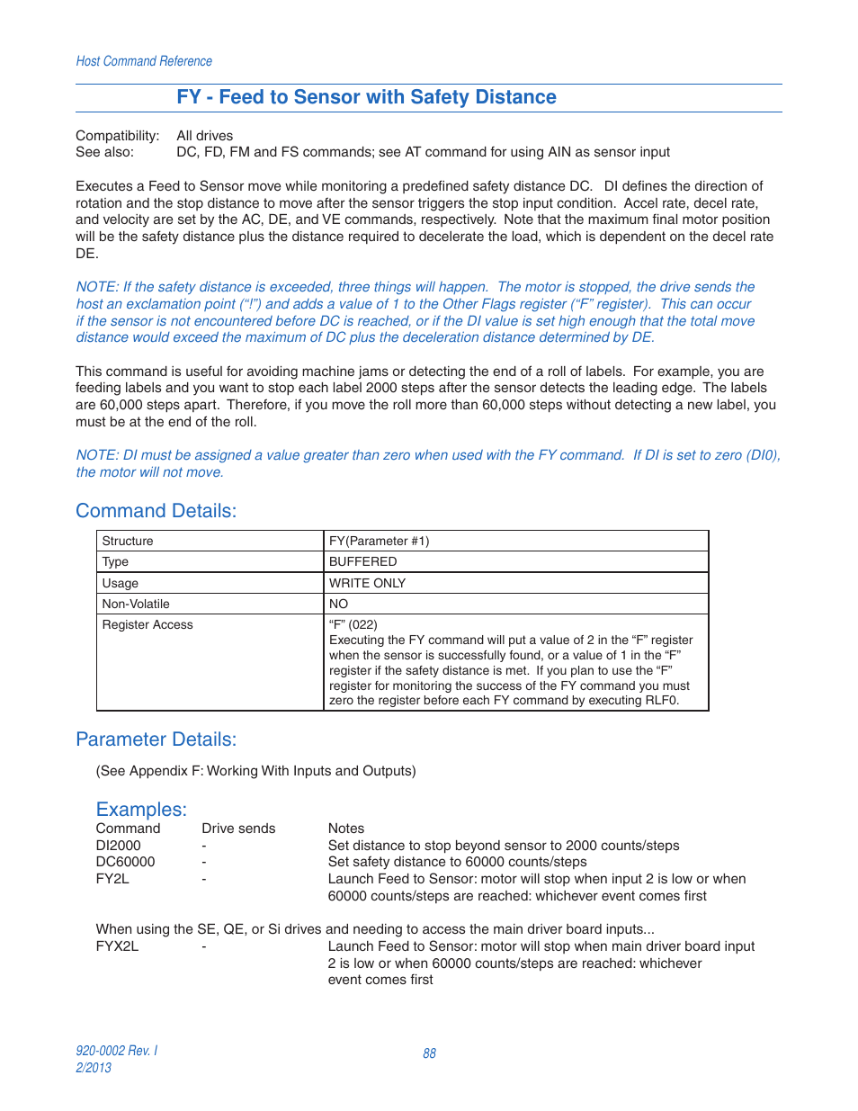 Fy - feed to sensor with safety distance, Command details, Parameter details | Examples | Applied Motion RS-232 User Manual | Page 88 / 320