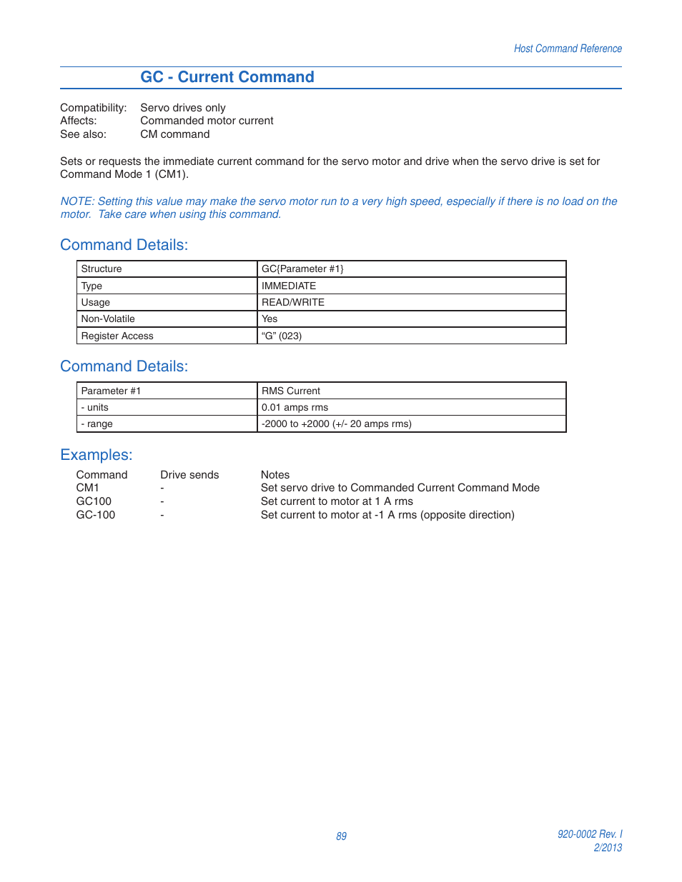 Gc - current command, Command details, Examples | Applied Motion RS-232 User Manual | Page 89 / 320