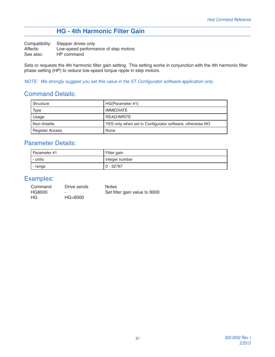 Hg - 4th harmonic filter gain, Command details, Parameter details | Examples | Applied Motion RS-232 User Manual | Page 91 / 320