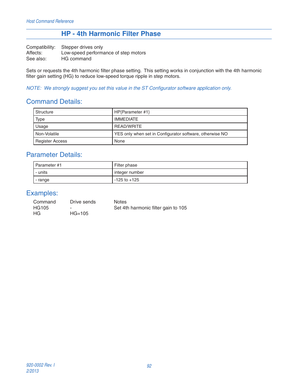 Hp - 4th harmonic filter phase, Command details, Parameter details | Examples | Applied Motion RS-232 User Manual | Page 92 / 320