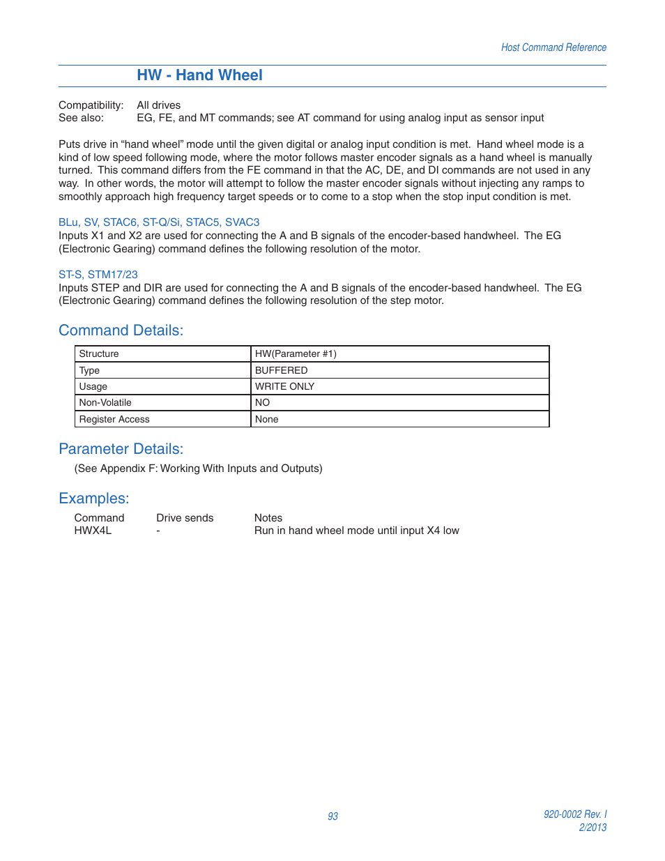 Hw - hand wheel, Command details, Parameter details | Examples | Applied Motion RS-232 User Manual | Page 93 / 320