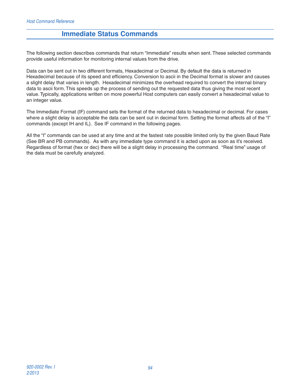 Immediate status commands | Applied Motion RS-232 User Manual | Page 94 / 320