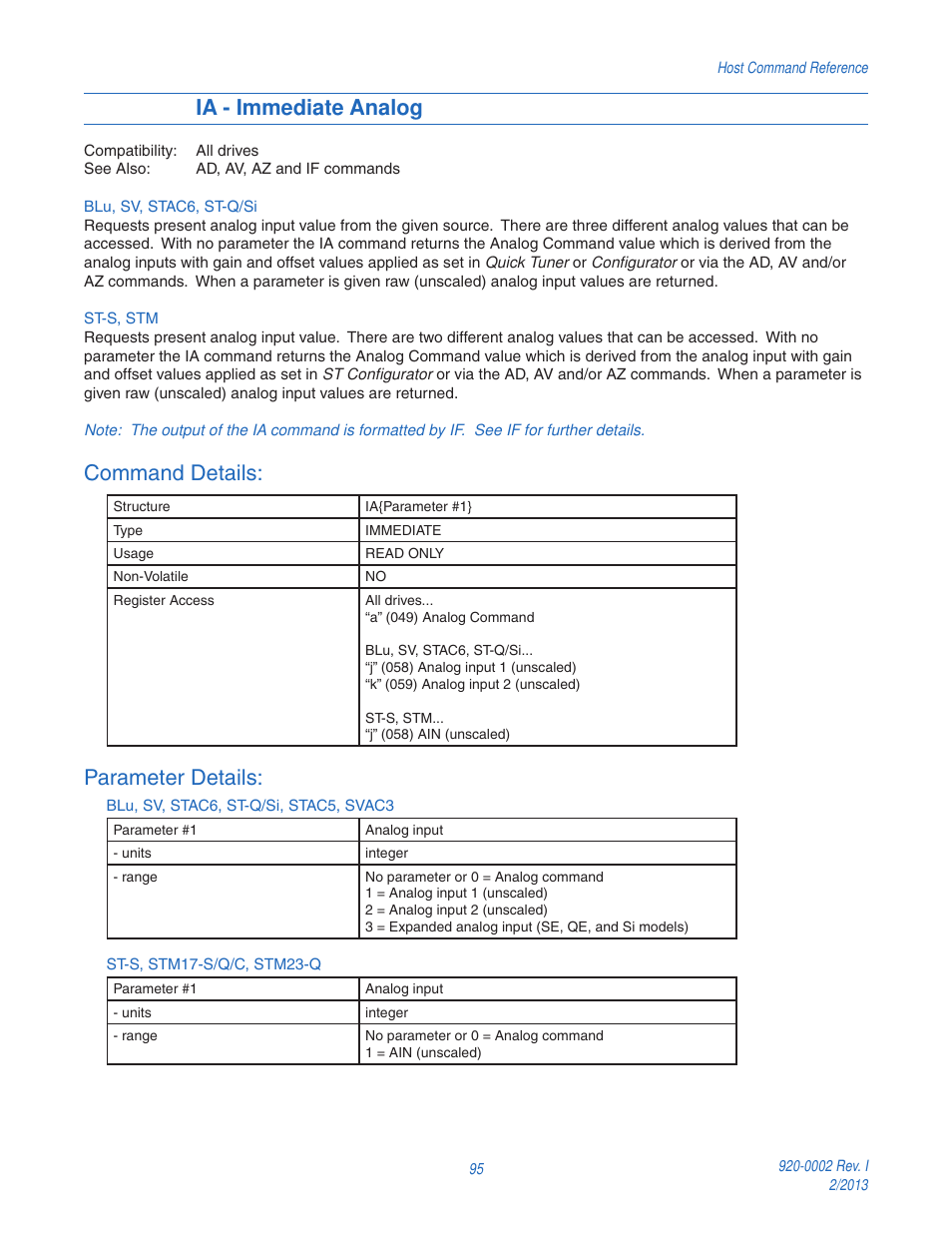 Ia - immediate analog, Command details, Parameter details | Applied Motion RS-232 User Manual | Page 95 / 320