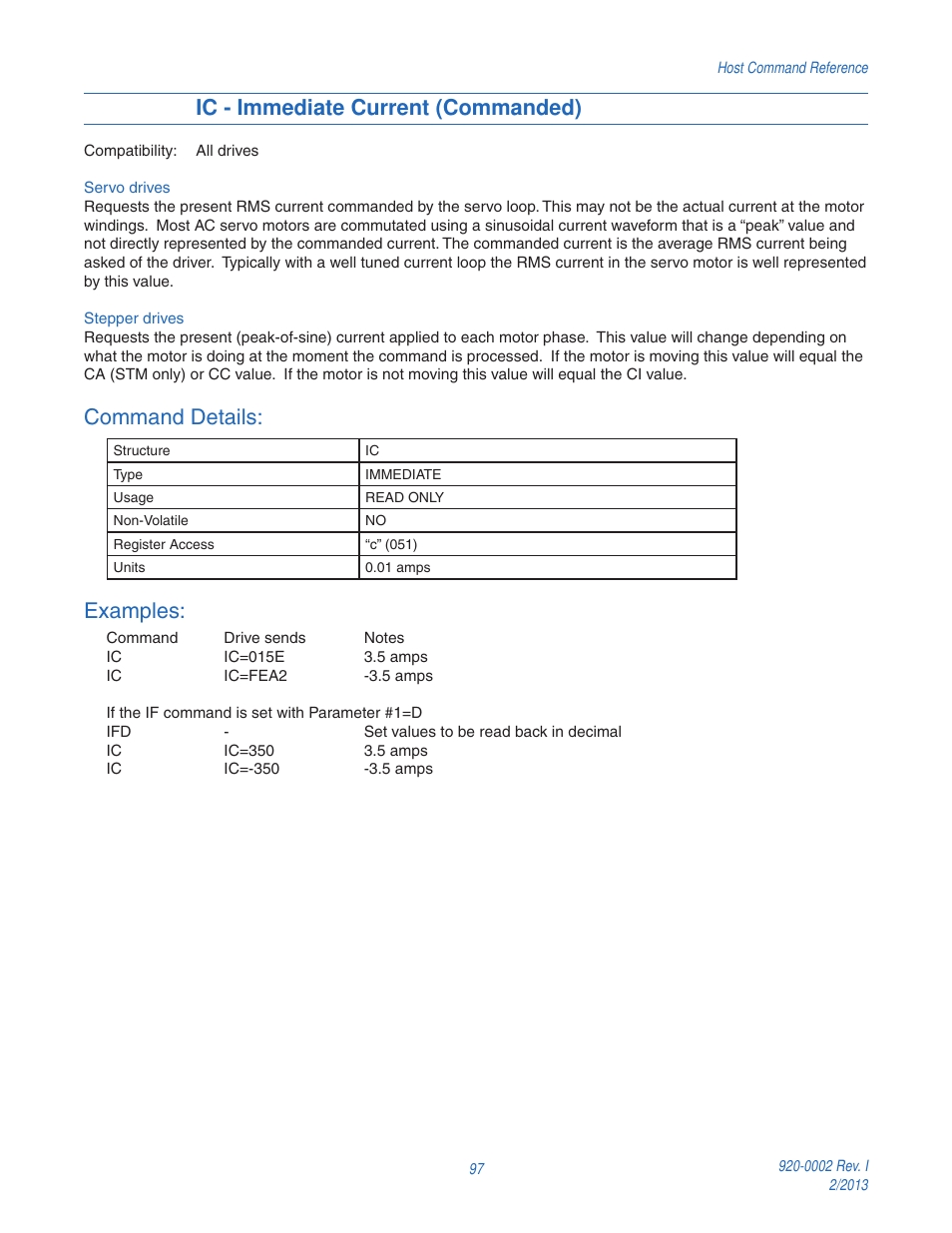 Ic - immediate current (commanded), Command details, Examples | Applied Motion RS-232 User Manual | Page 97 / 320
