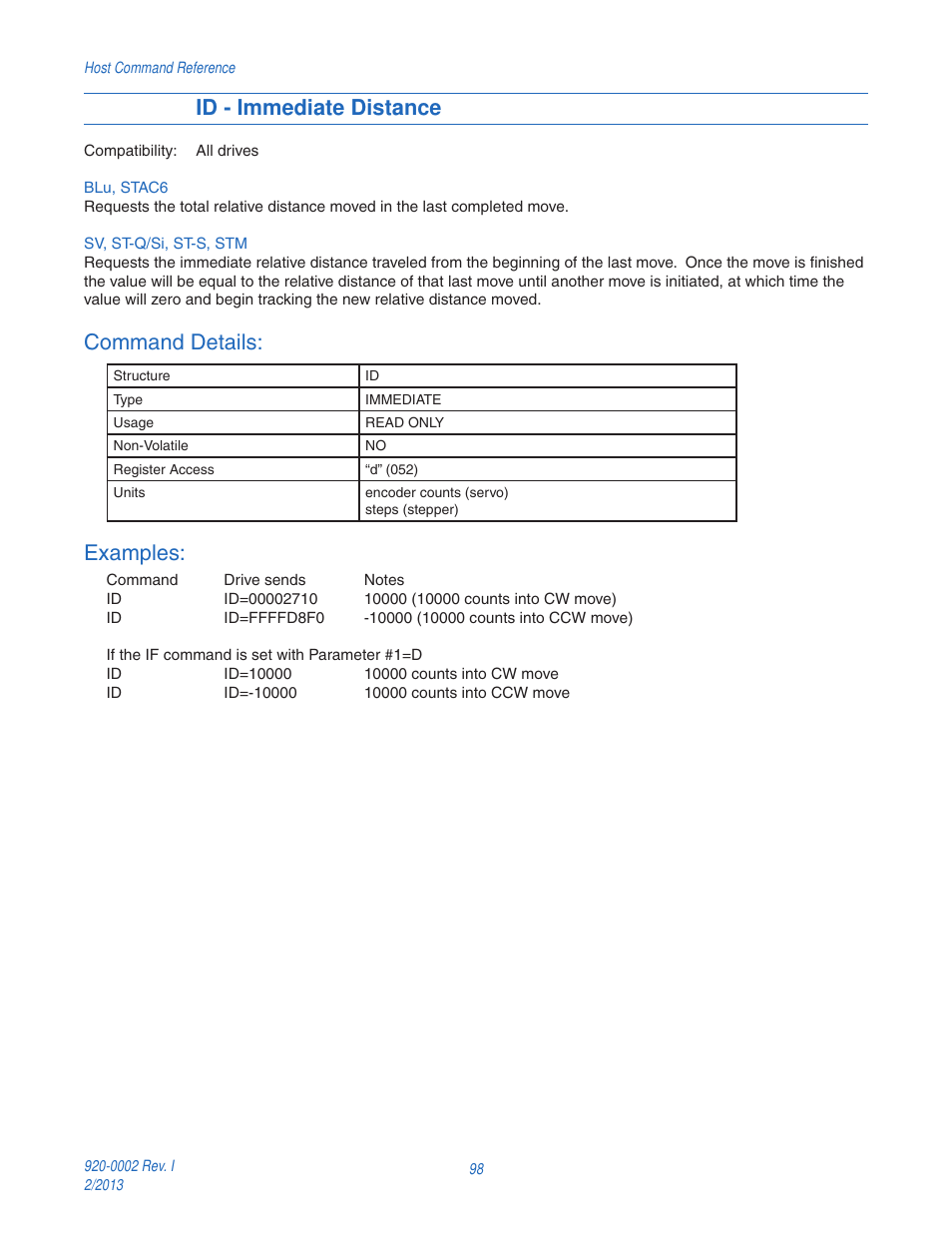 Id - immediate distance, Command details, Examples | Applied Motion RS-232 User Manual | Page 98 / 320