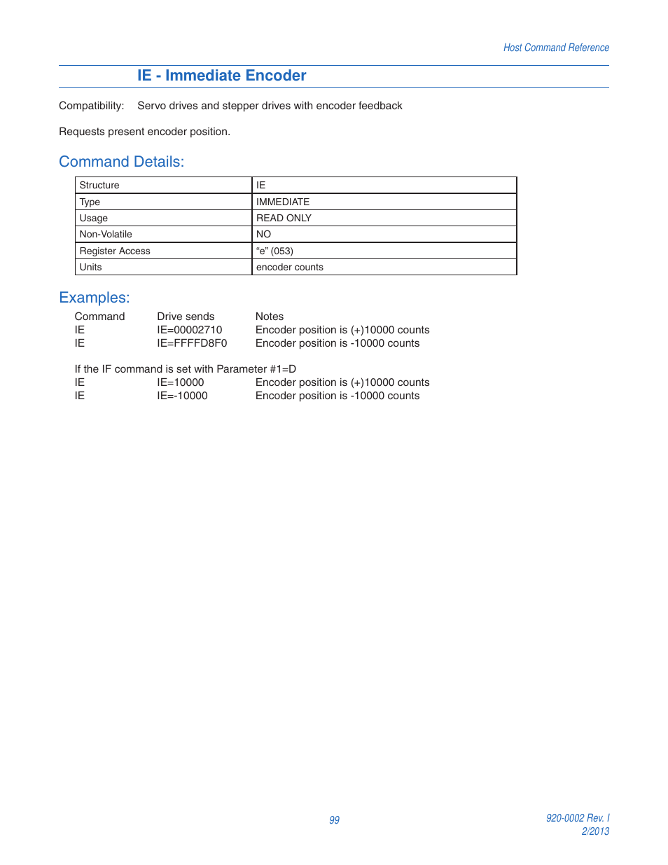 Ie - immediate encoder, Command details, Examples | Applied Motion RS-232 User Manual | Page 99 / 320