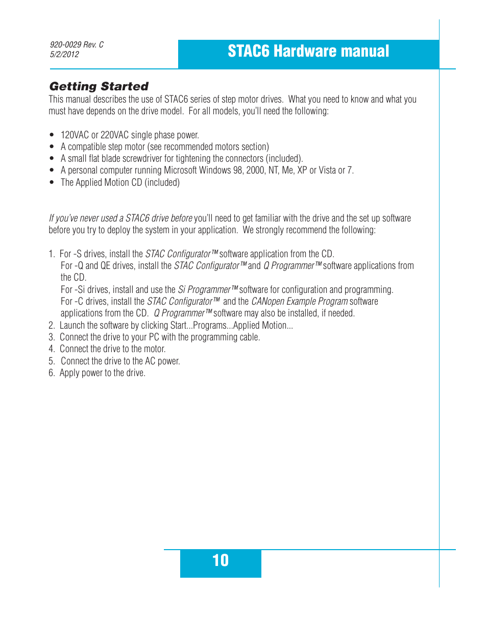 Getting started, 10 stac6 hardware manual | Applied Motion STAC6-C User Manual | Page 10 / 57