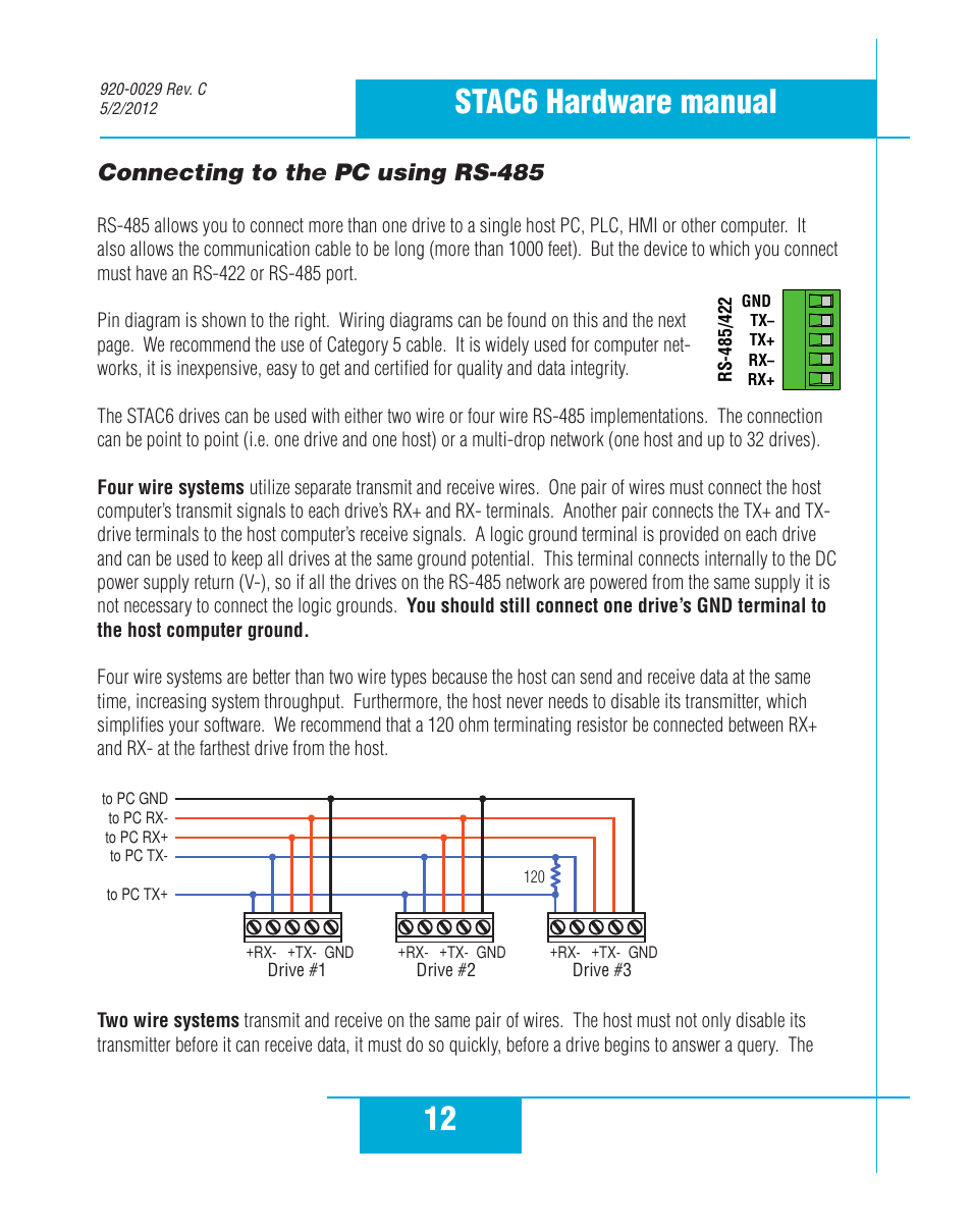 Connecting to the pc using rs-485, 12 stac6 hardware manual | Applied Motion STAC6-C User Manual | Page 12 / 57