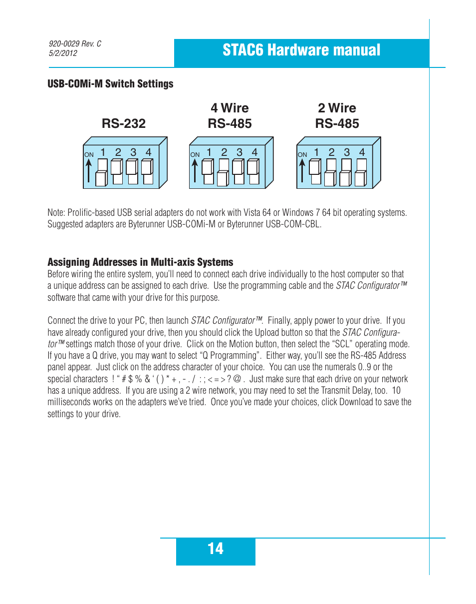 14 stac6 hardware manual, Rs-232, 4 wire rs-485 | 2 wire rs-485 | Applied Motion STAC6-C User Manual | Page 14 / 57