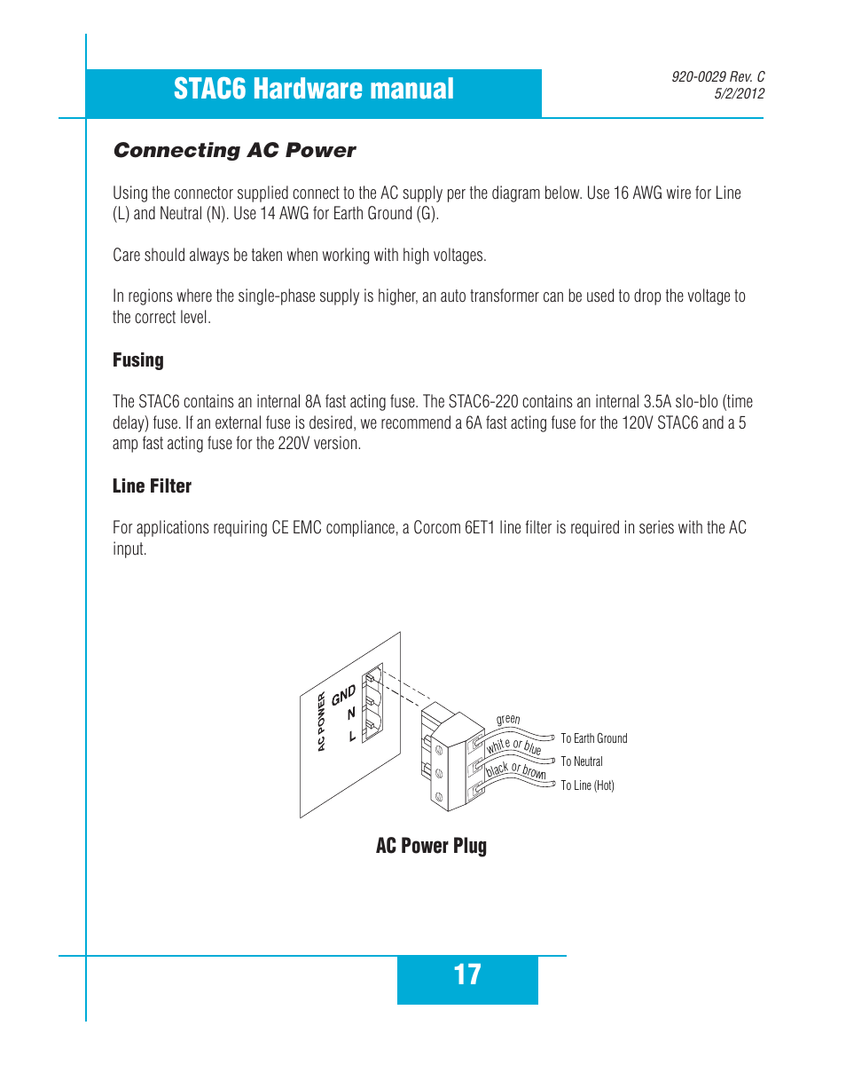 Connecting ac power, 17 stac6 hardware manual, Ac power plug | Applied Motion STAC6-C User Manual | Page 17 / 57