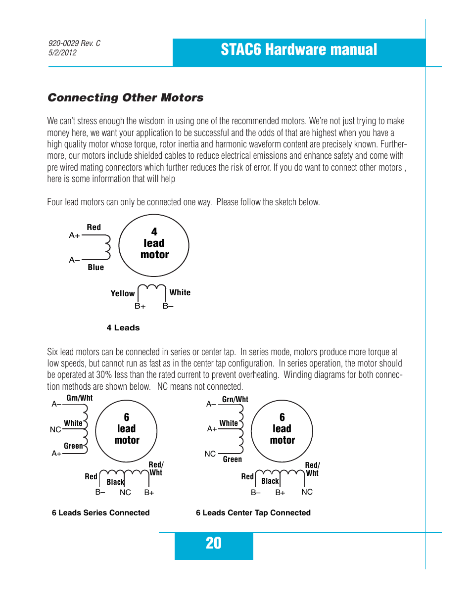 Connecting other motors, 20 stac6 hardware manual, 4lead motor | 6lead motor | Applied Motion STAC6-C User Manual | Page 20 / 57