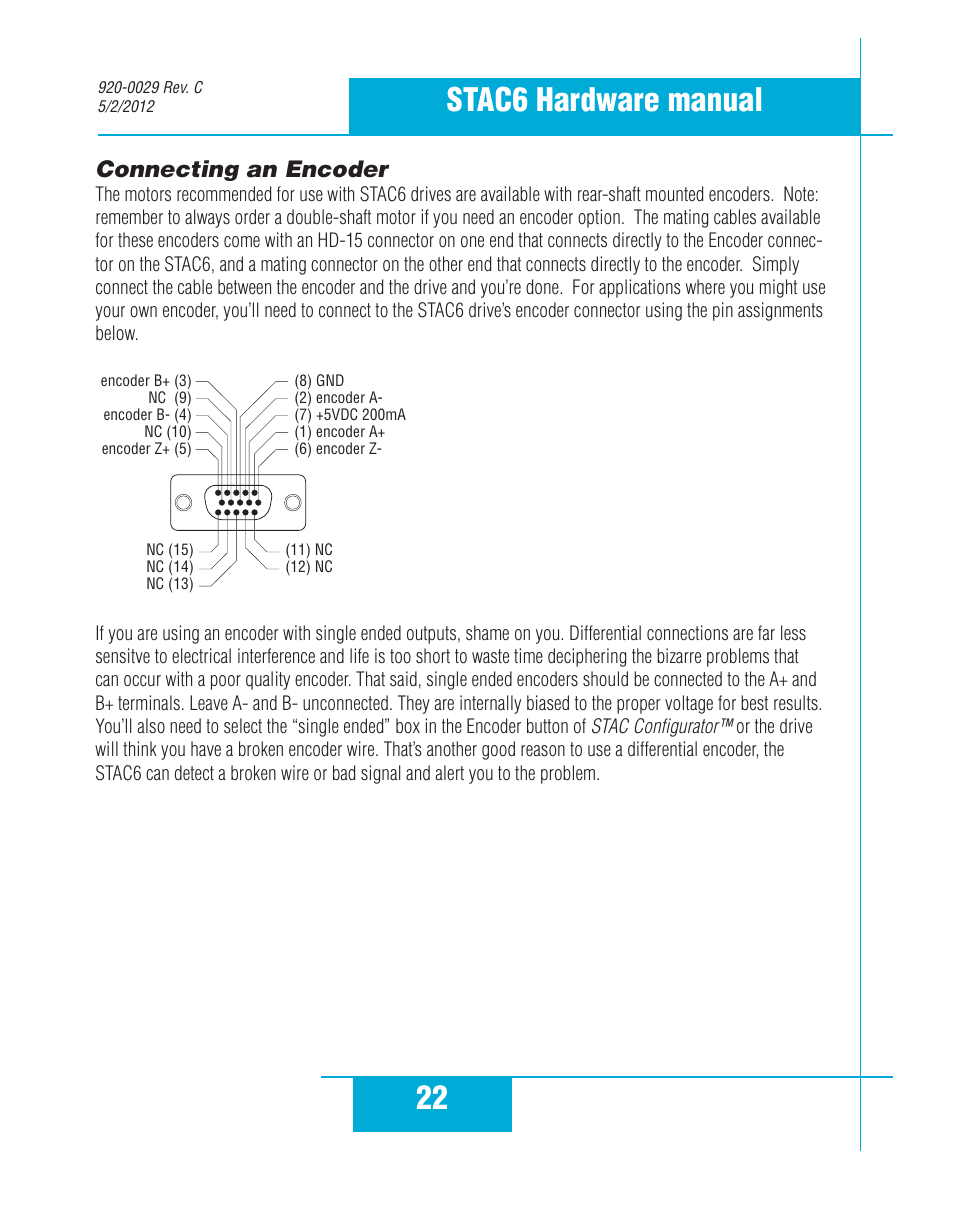 Connecting an encoder, 22 stac6 hardware manual | Applied Motion STAC6-C User Manual | Page 22 / 57