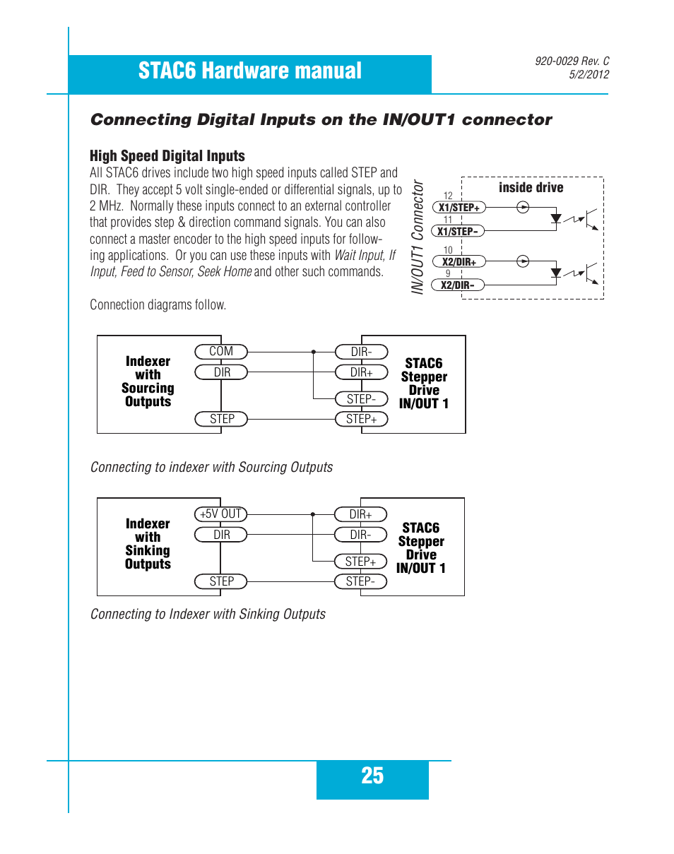 Connecting digital inputs on the in/out1 connector, 25 stac6 hardware manual | Applied Motion STAC6-C User Manual | Page 25 / 57