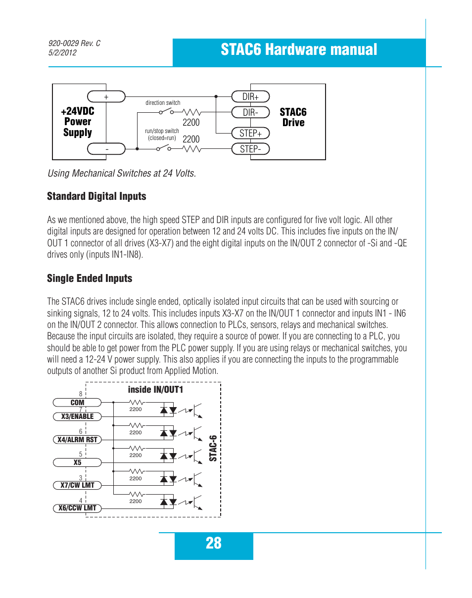 28 stac6 hardware manual, Standard digital inputs, Single ended inputs | Stac6 drive, 24vdc power supply | Applied Motion STAC6-C User Manual | Page 28 / 57