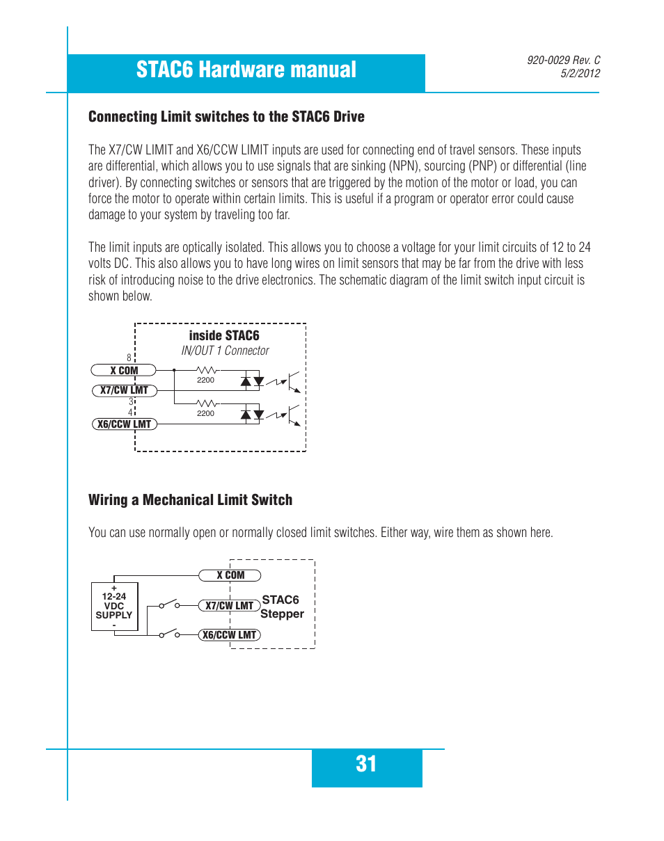 31 stac6 hardware manual, Connecting limit switches to the stac6 drive, Wiring a mechanical limit switch | Applied Motion STAC6-C User Manual | Page 31 / 57