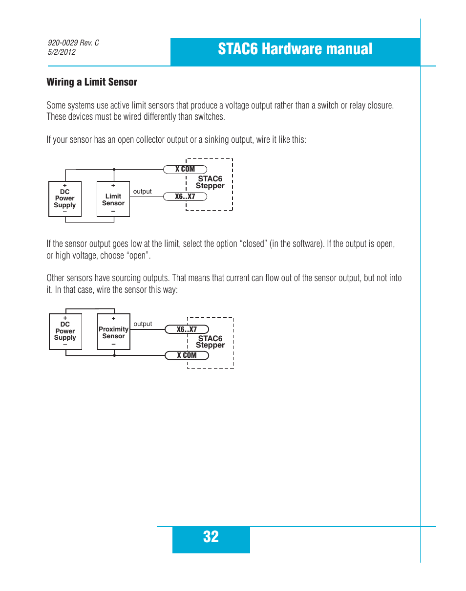 32 stac6 hardware manual, Wiring a limit sensor | Applied Motion STAC6-C User Manual | Page 32 / 57