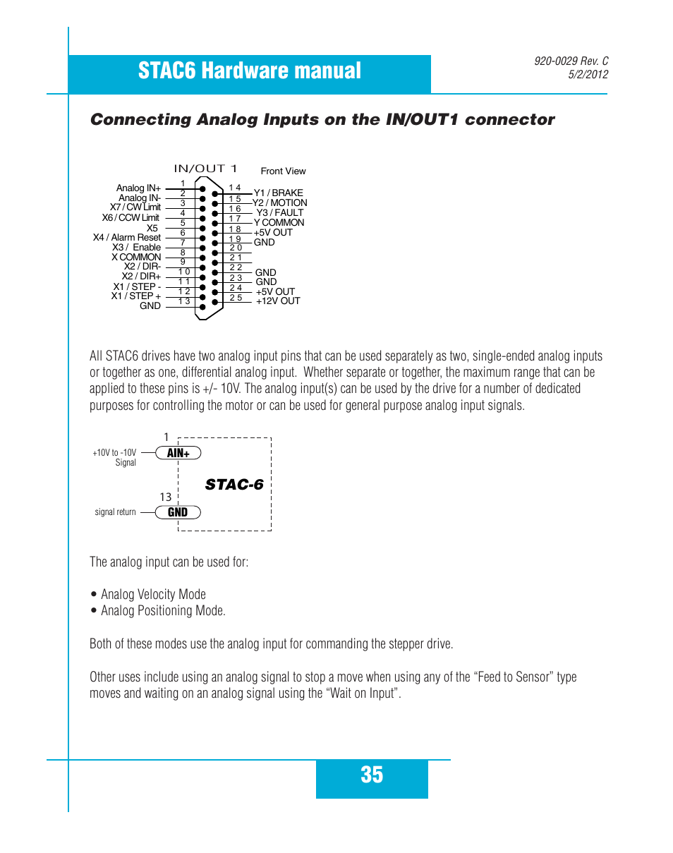 Connecting analog inputs on the in/out1 connector, 35 stac6 hardware manual, Stac-6 | Applied Motion STAC6-C User Manual | Page 35 / 57