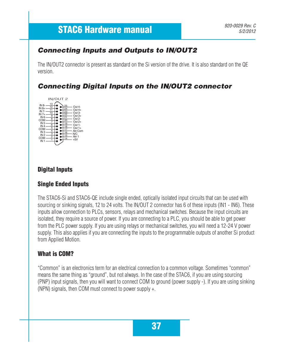 Connecting inputs and outputs to in/out2, Connecting digital inputs on the in/out2 connector, 37 stac6 hardware manual | Digital inputs single ended inputs, What is com | Applied Motion STAC6-C User Manual | Page 37 / 57