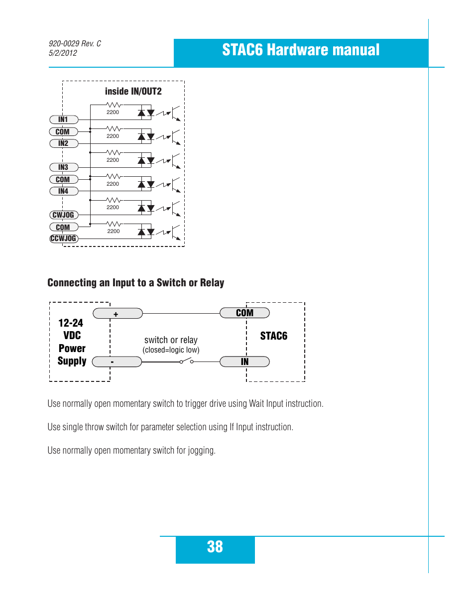 38 stac6 hardware manual, Connecting an input to a switch or relay stac6, 24 vdc power supply | Applied Motion STAC6-C User Manual | Page 38 / 57