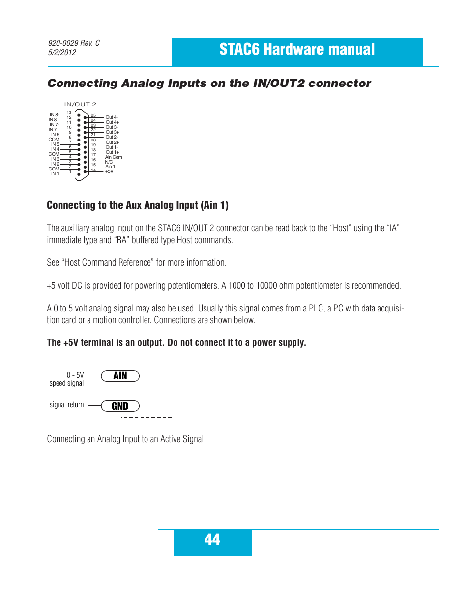 Connecting analog inputs on the in/out2 connector, 44 stac6 hardware manual, Connecting to the aux analog input (ain 1) | Gnd ain, Connecting an analog input to an active signal | Applied Motion STAC6-C User Manual | Page 44 / 57