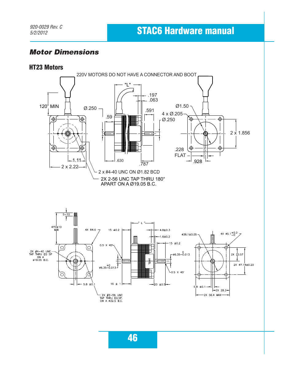 Motor dimensions, 46 stac6 hardware manual, Ht23 motors | Applied Motion STAC6-C User Manual | Page 46 / 57