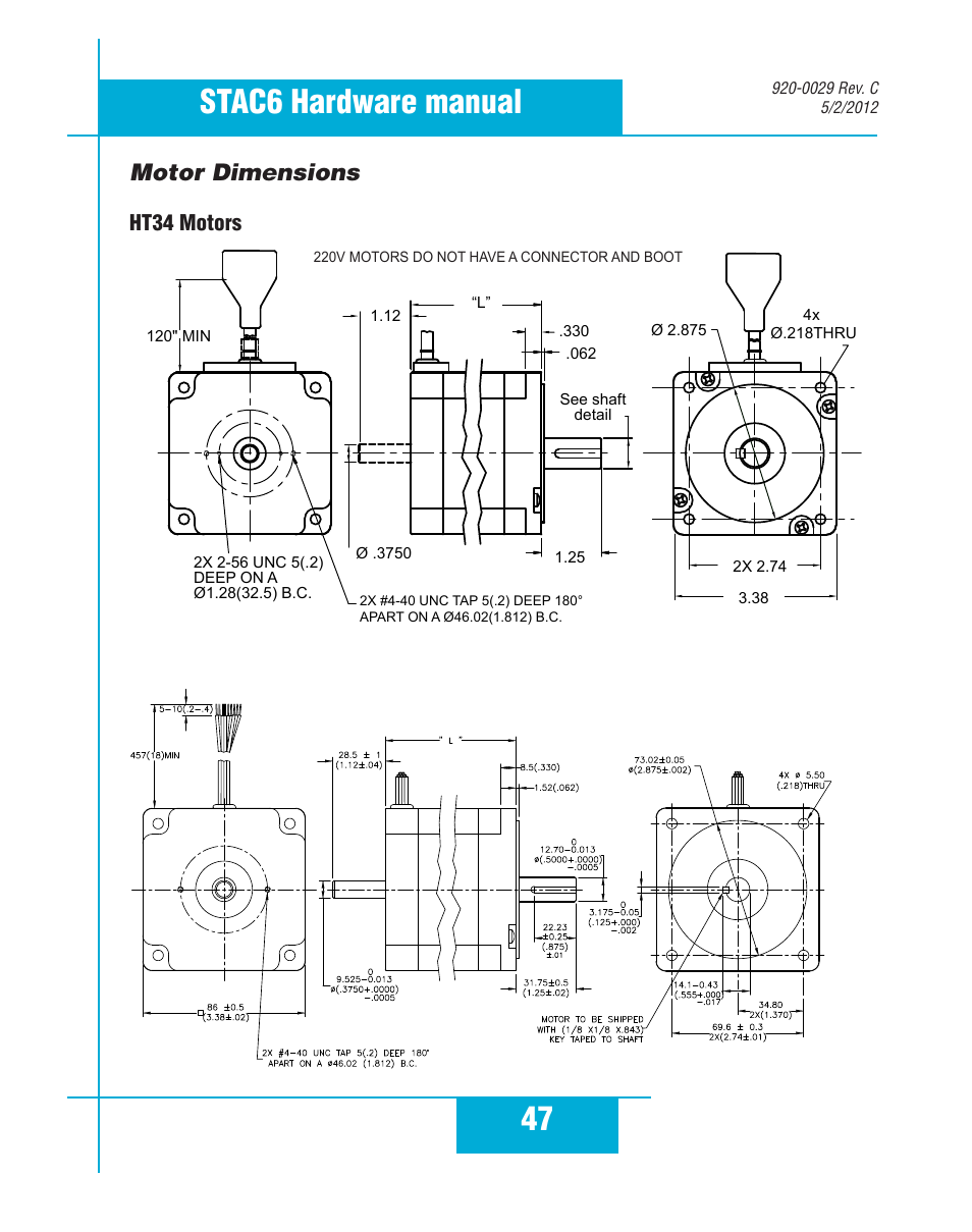 47 stac6 hardware manual, Motor dimensions, Ht34 motors | Applied Motion STAC6-C User Manual | Page 47 / 57