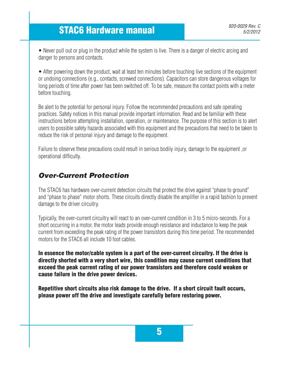 Over-current protection, 5stac6 hardware manual | Applied Motion STAC6-C User Manual | Page 5 / 57