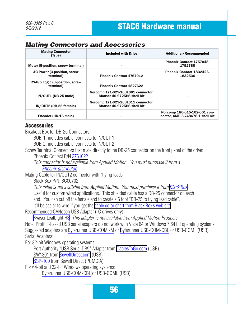 Mating connectors and accessories, 56 stac6 hardware manual, Accessories | Applied Motion STAC6-C User Manual | Page 56 / 57