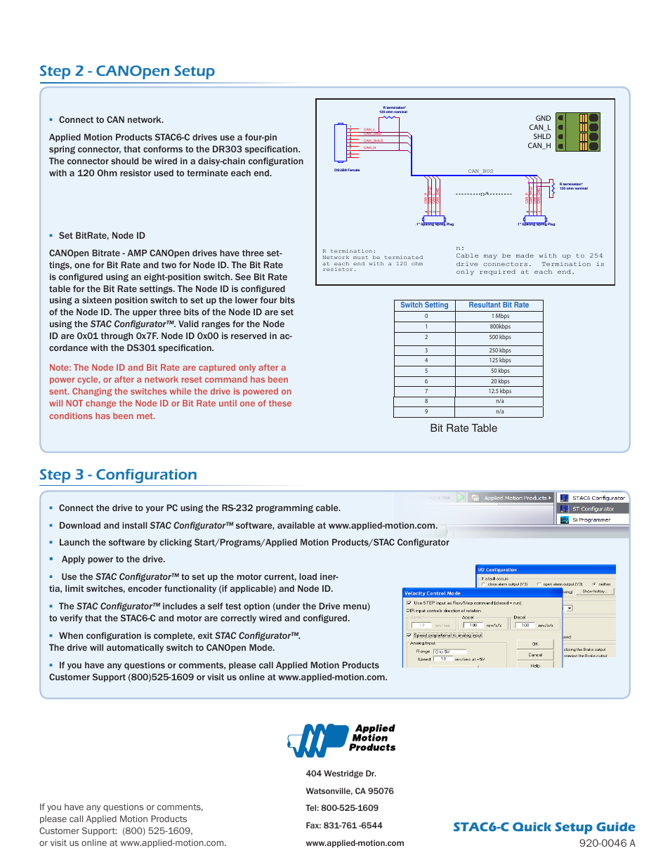Step 2 - canopen setup, Step 3 - configuration, Stac6-c quick setup guide | 0046 a, Bit rate table | Applied Motion STAC6-C User Manual | Page 2 / 2