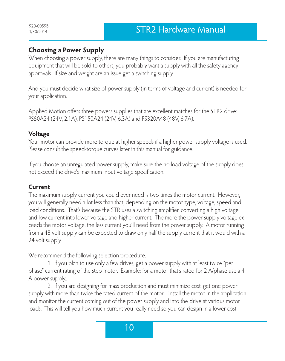 Choosing a power supply, Voltage, Current | 10 str2 hardware manual | Applied Motion STR2 User Manual | Page 10 / 38