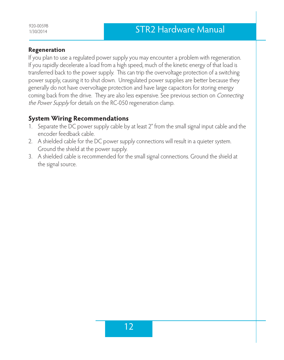 System wiring recommendations, 12 str2 hardware manual | Applied Motion STR2 User Manual | Page 12 / 38
