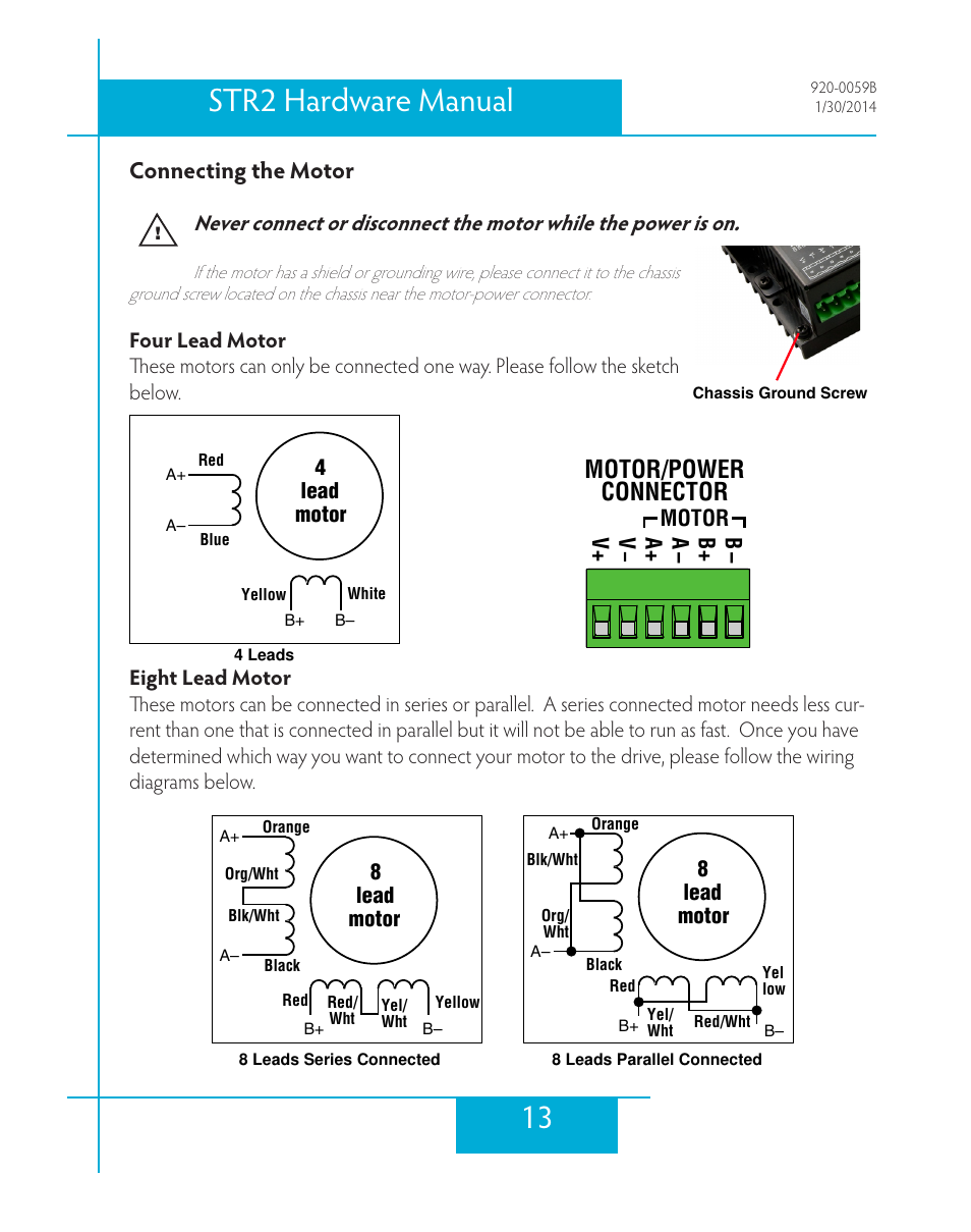 Connecting the motor, Four lead motor, Eight lead motor | 13 str2 hardware manual, Motor/power connector | Applied Motion STR2 User Manual | Page 13 / 38