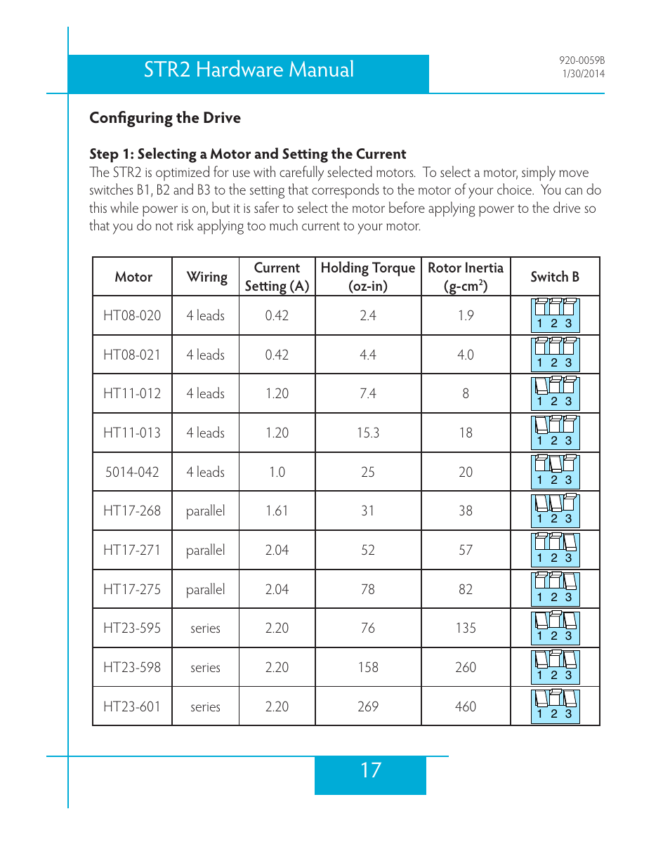 Configuring the drive, Step 1: selecting a motor and setting the current, 17 str2 hardware manual | Applied Motion STR2 User Manual | Page 17 / 38