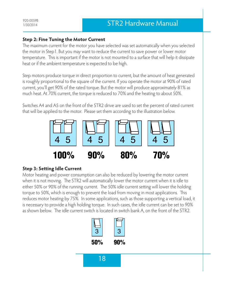 Step 2: fine tuning the motor current, Step 3: setting idle current, 18 str2 hardware manual | Applied Motion STR2 User Manual | Page 18 / 38