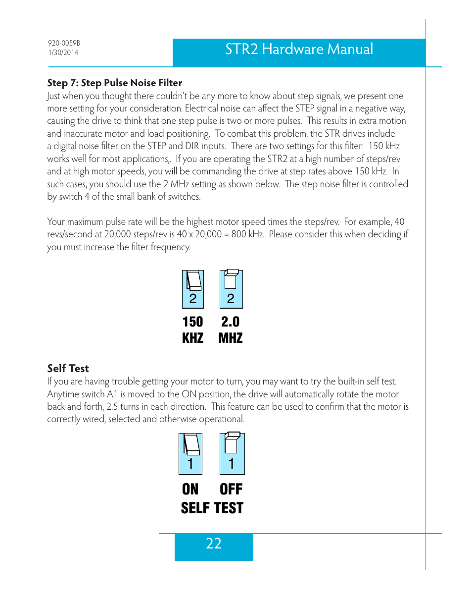 Step 7: step pulse noise filter, Self test, 22 str2 hardware manual | 1on 1 off self test | Applied Motion STR2 User Manual | Page 22 / 38