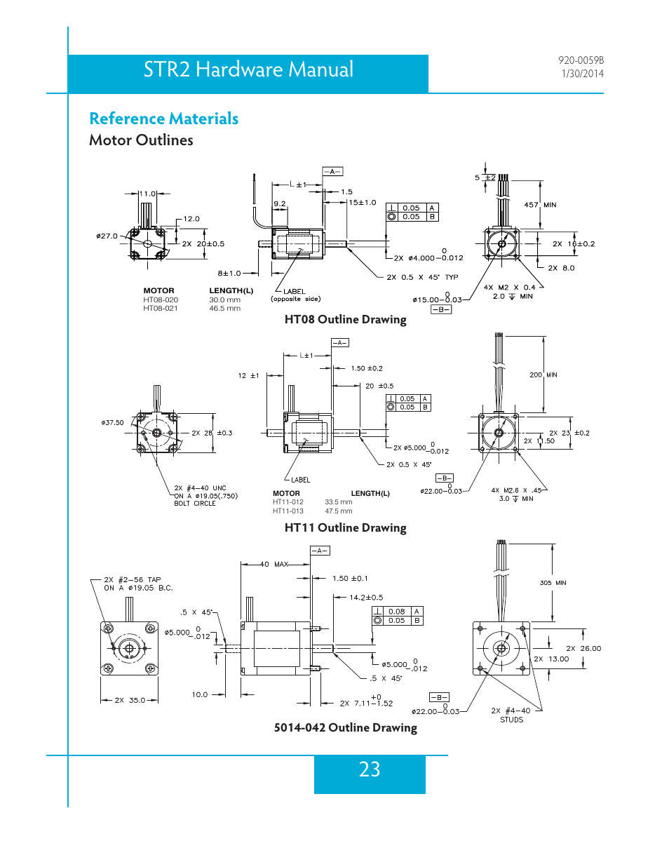 Reference materials, Motor outlines, 23 str2 hardware manual | Applied Motion STR2 User Manual | Page 23 / 38