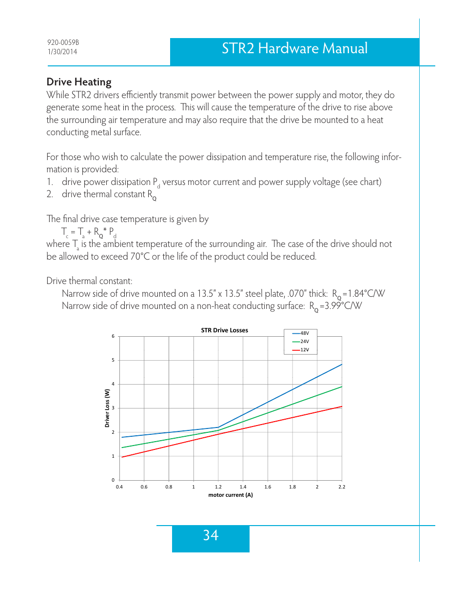 Drive heating, 34 str2 hardware manual, The final drive case temperature is given by t | Where t, 99°c/w | Applied Motion STR2 User Manual | Page 34 / 38