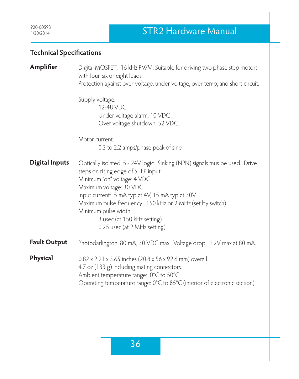 Technical specifications, 36 str2 hardware manual | Applied Motion STR2 User Manual | Page 36 / 38