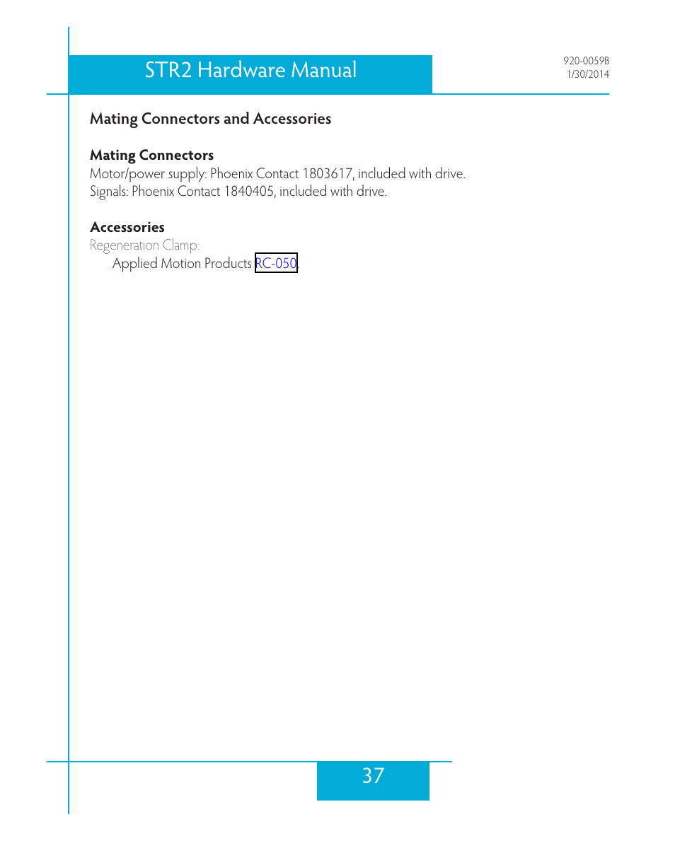 Mating connectors and accessories, 37 str2 hardware manual | Applied Motion STR2 User Manual | Page 37 / 38