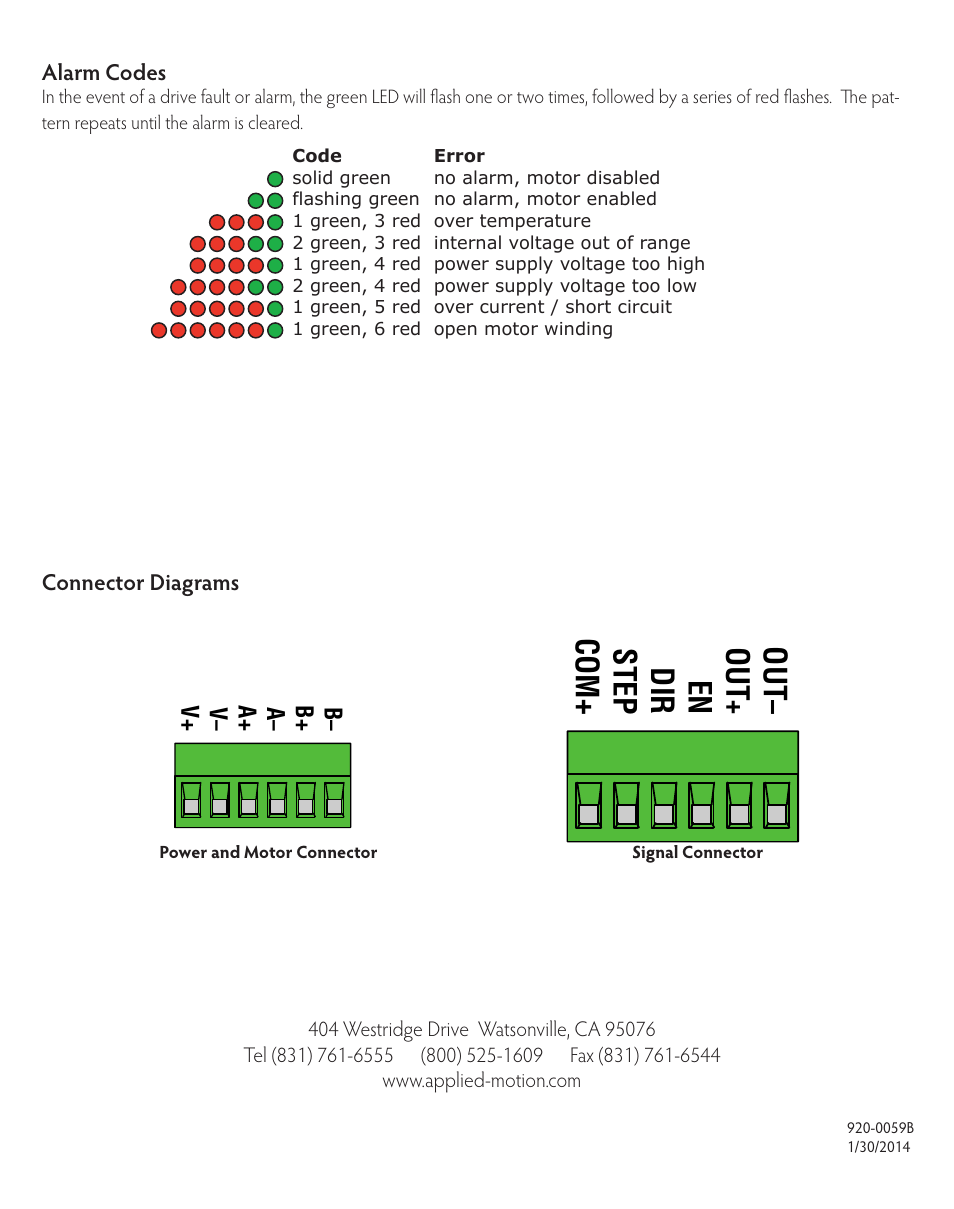 Alarm codes, Connector diagrams, Step dir en out | Applied Motion STR2 User Manual | Page 38 / 38